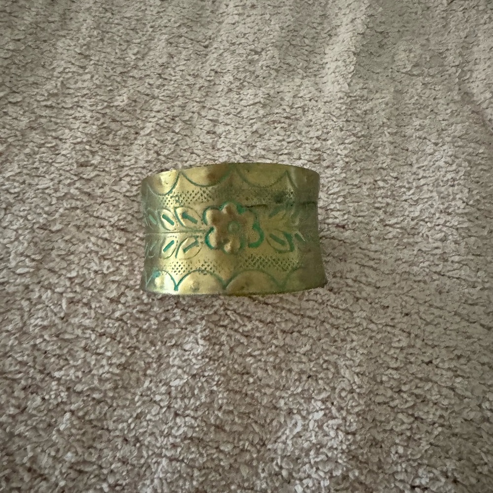 Antiqued Brass Floral Cuff Bracelet in Gold and Green Patina